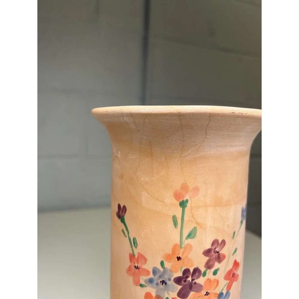 Rosenthal Netter Vintage Terracotta Flared Vase Hand Painted Flowers‎ Green